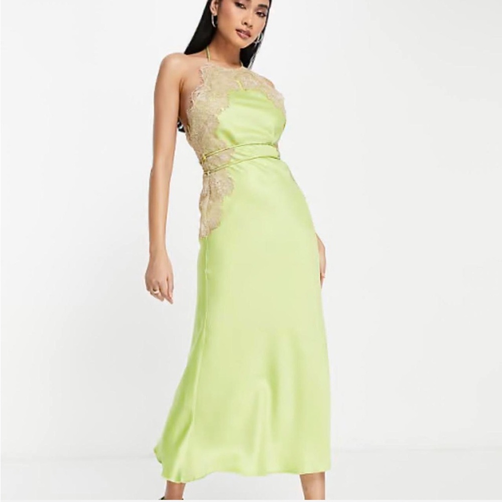 ASOS Lime Green taupe tan lace silky halter Midi Dress - Picture 9 of 9